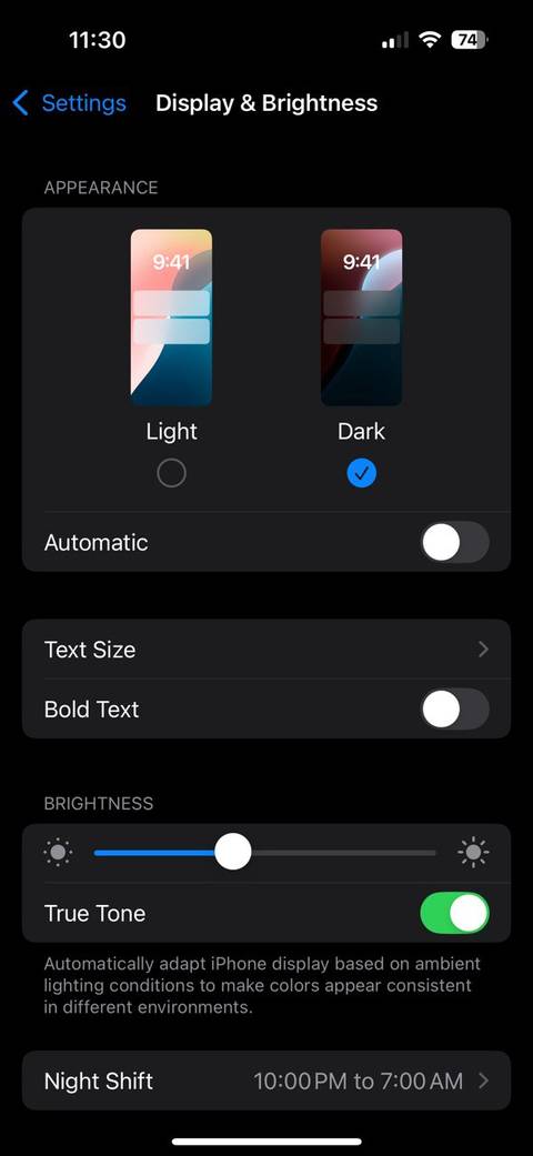 iOS True Tone Settings