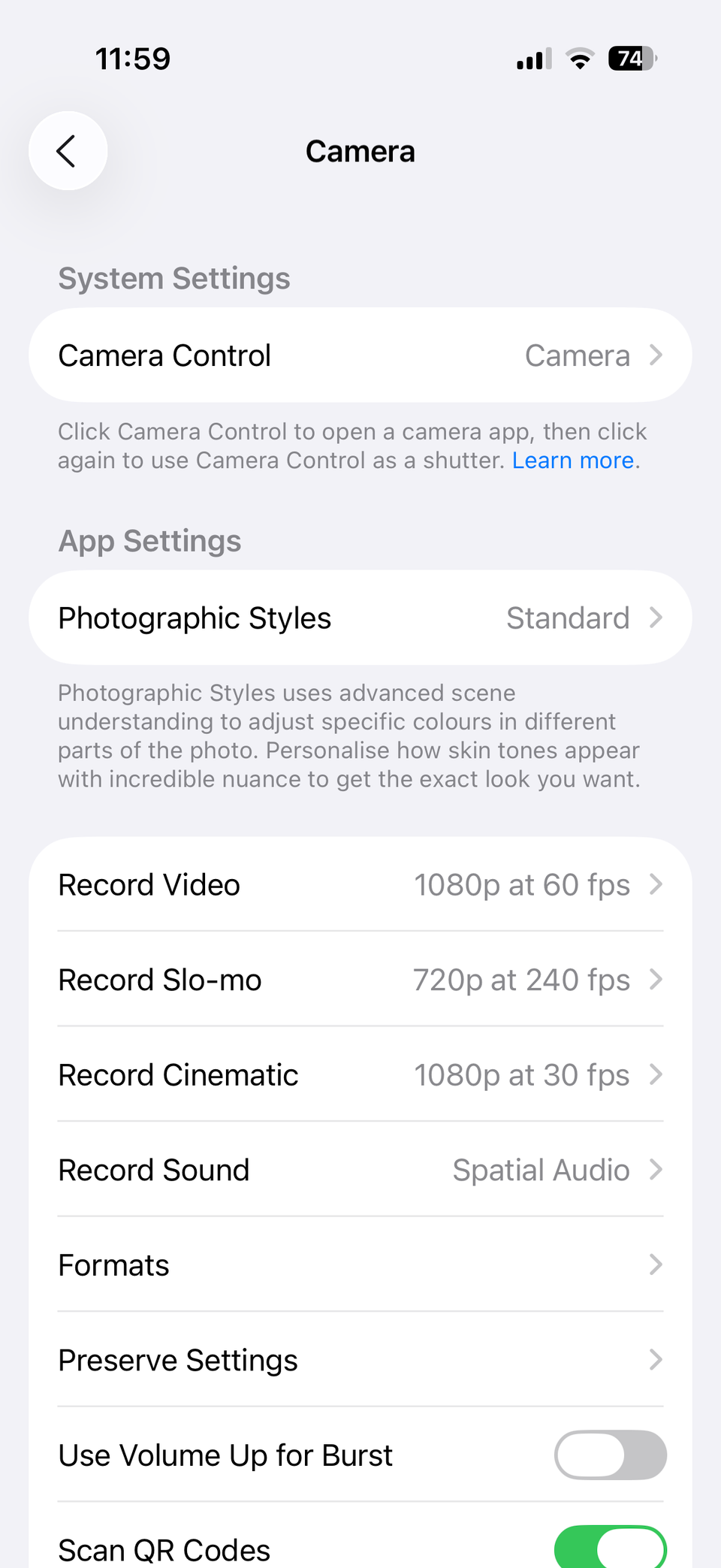 iPhone Camera settings menu