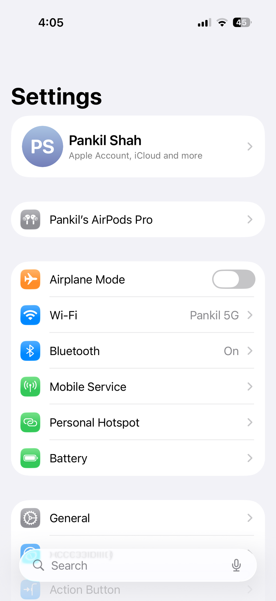 iPhone Settings app in light modee