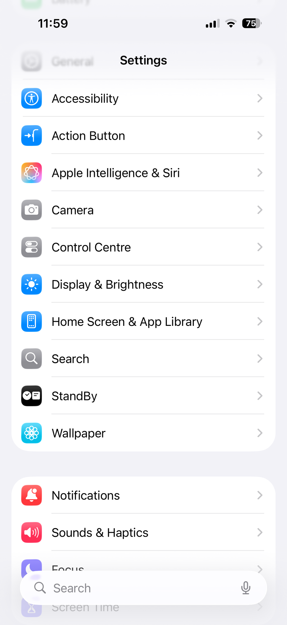 iPhone Settings menu in light mode