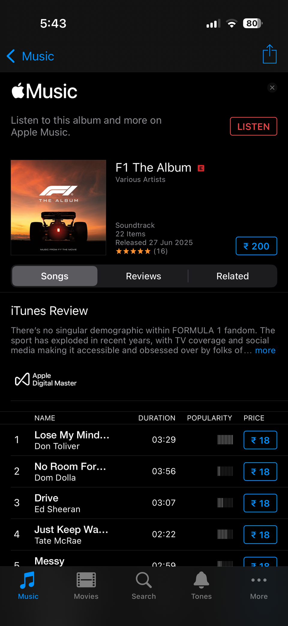 iTunes Store showing F1 movie purchase option on iPhone