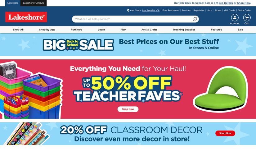Lakeshore website home page displaying different discount banners for school supplies 