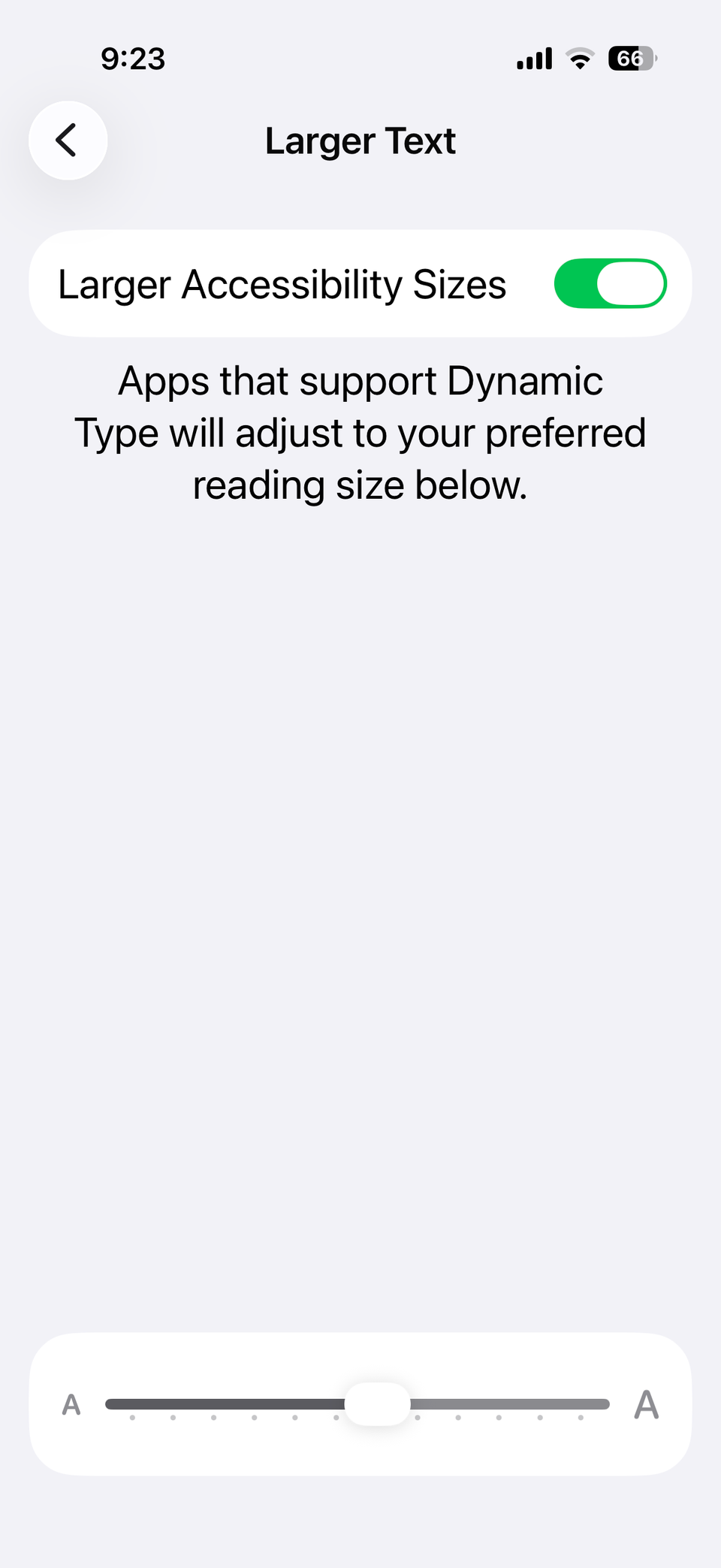 Larger text settings menu on iPhone