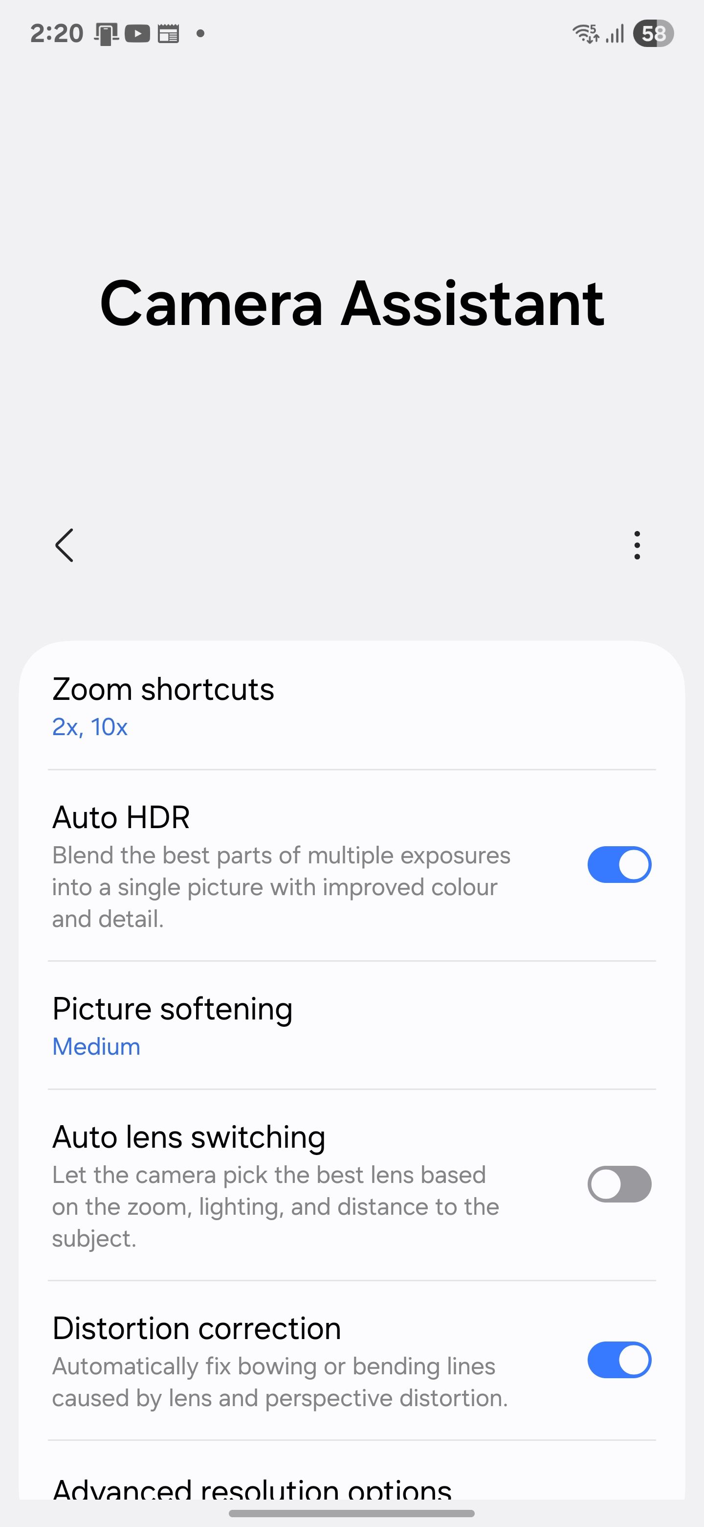 List of features in the camera assistant