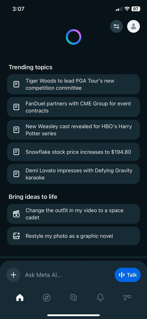 Meta AI's Trending section, displaying some current events and topics (1 of 3)