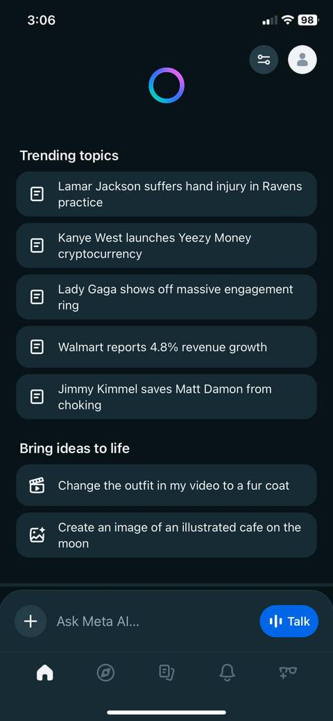 Meta AI's Trending section, displaying some current events and topics (2 of 3)