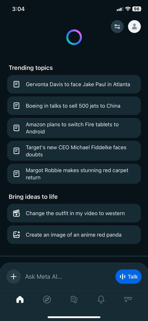 Meta AI's Trending section, displaying some current events and topics (3 of 3)