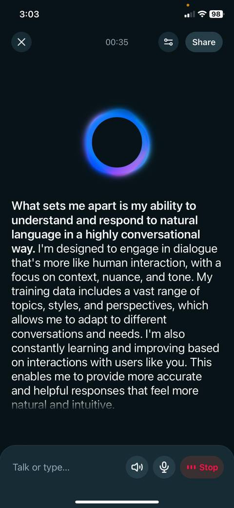 Meta AI voice chat explaning what sets it apart from other AI LLMs