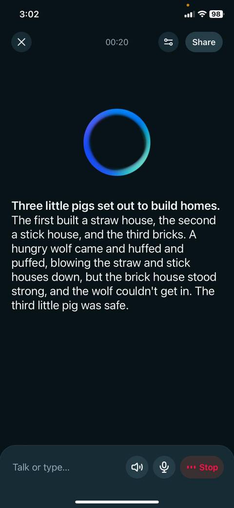 Meta AI voice chat telling the story of the three little pigs