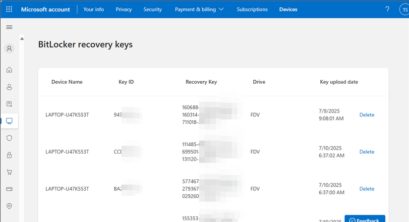 Microsoft account bitlocker recovery keys