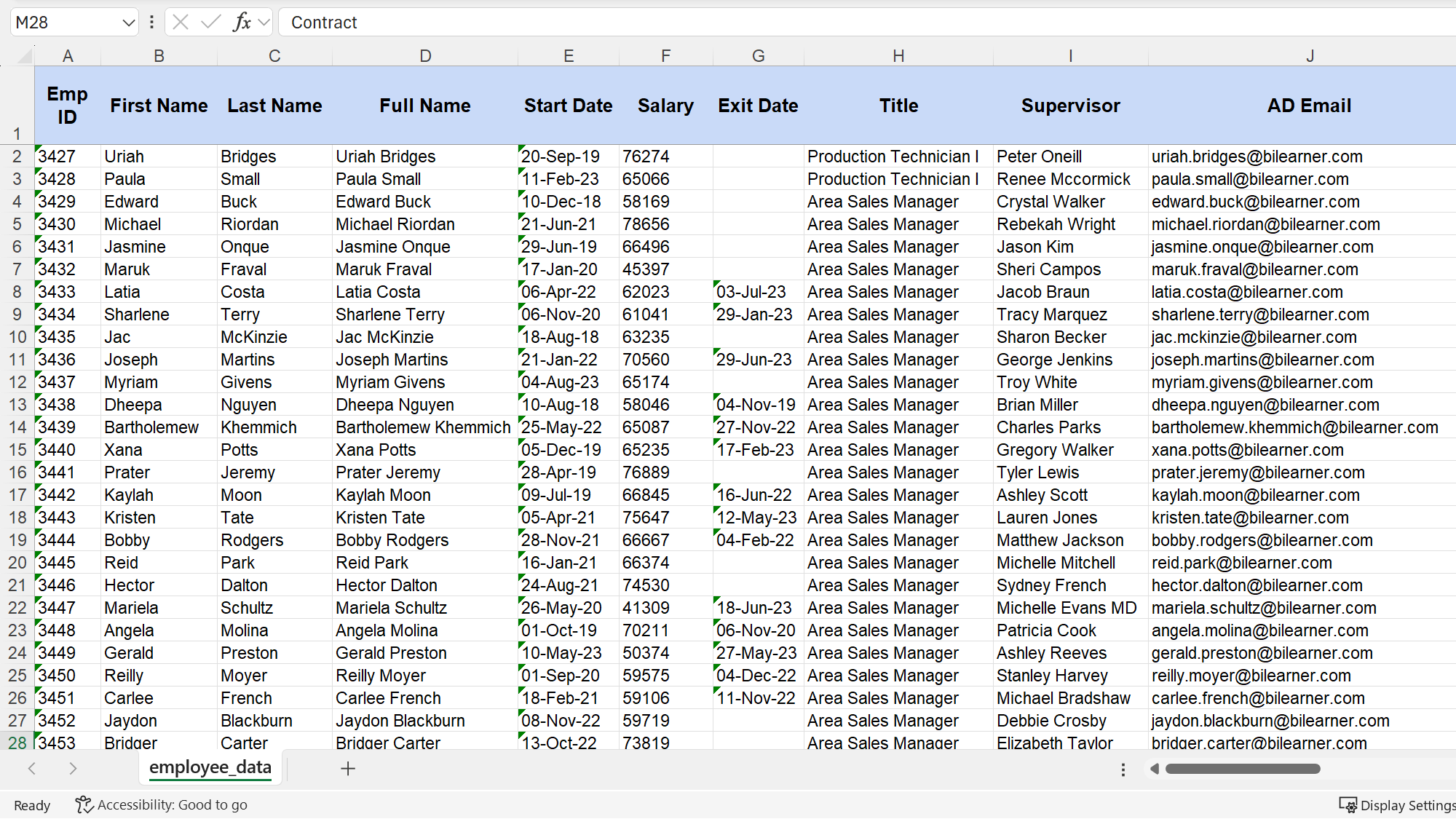 Microsoft Excel spreadsheet showing employees data.
