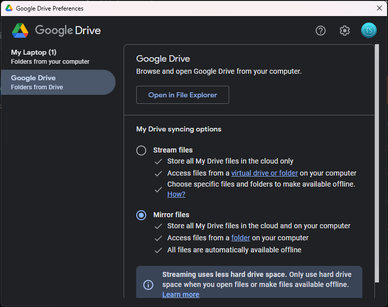 Mirror files option in Google Drive app on Windows 11