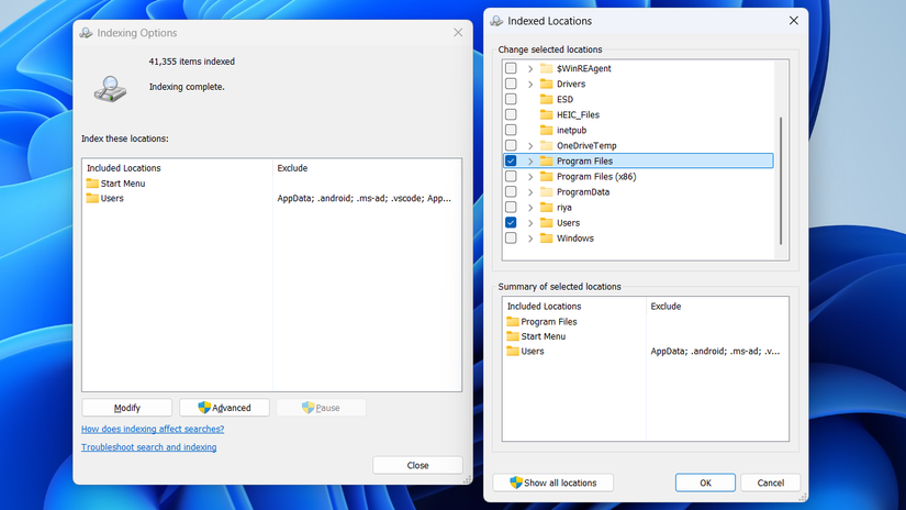 Modify Search Indexing Options in Windows 11