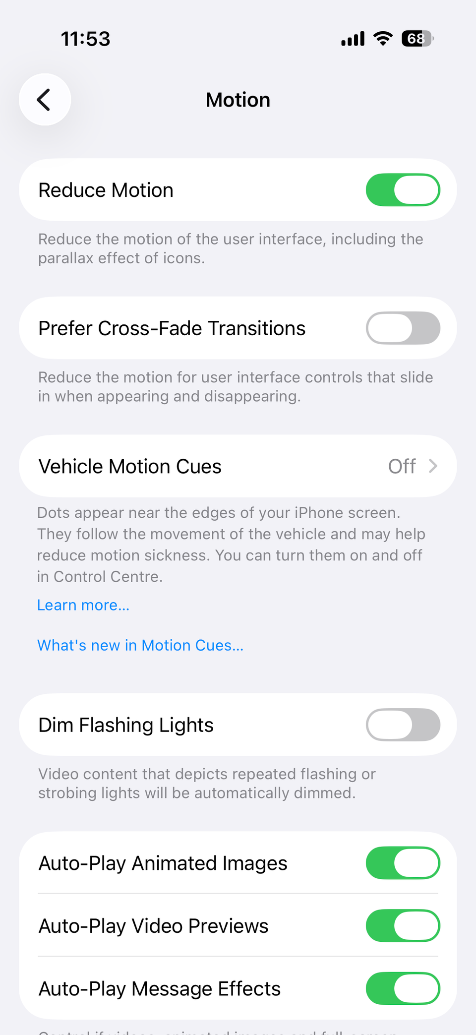 Motion accessibility settings on iPhone