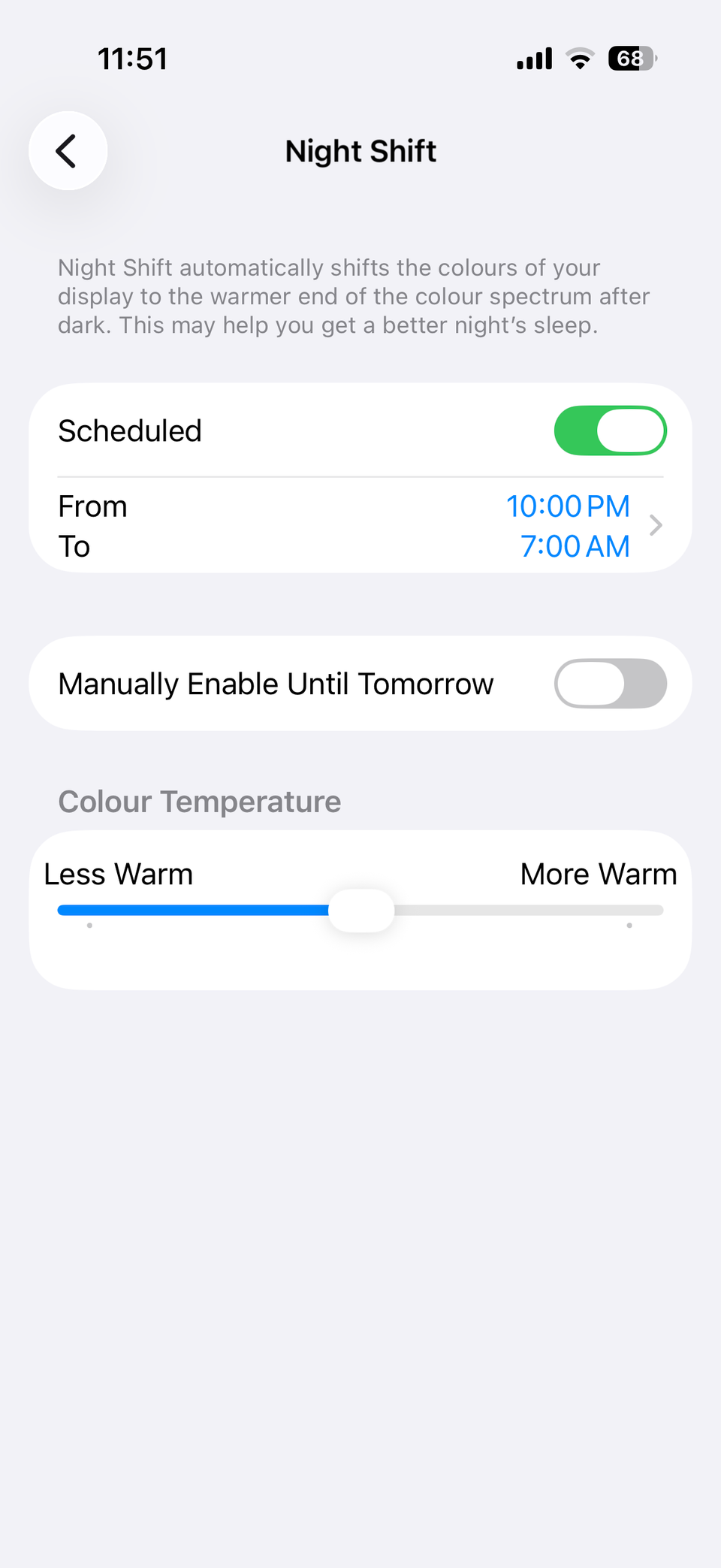 Night Shift settings menu on iPhone