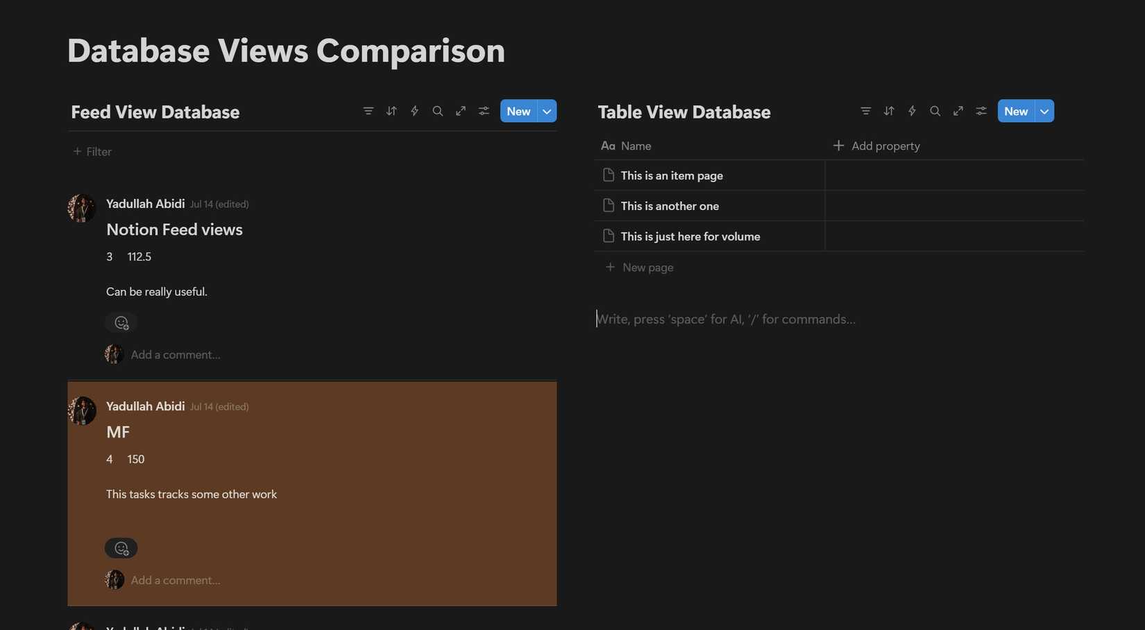 Notion page showing two different databases in feed and table view