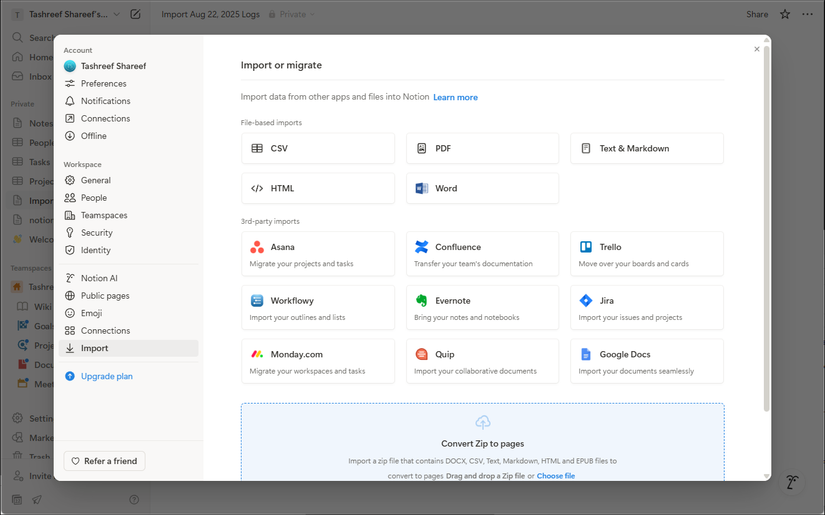 Notion import tab showing 3rd party apps