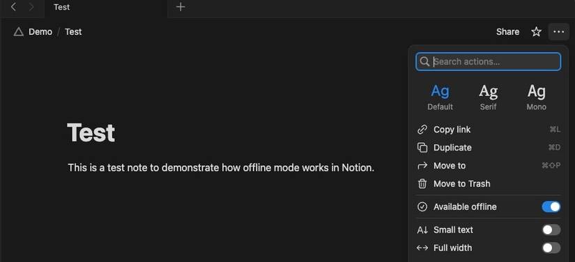 Available offline switch toggled on for a note in the Notion app on a Mac.