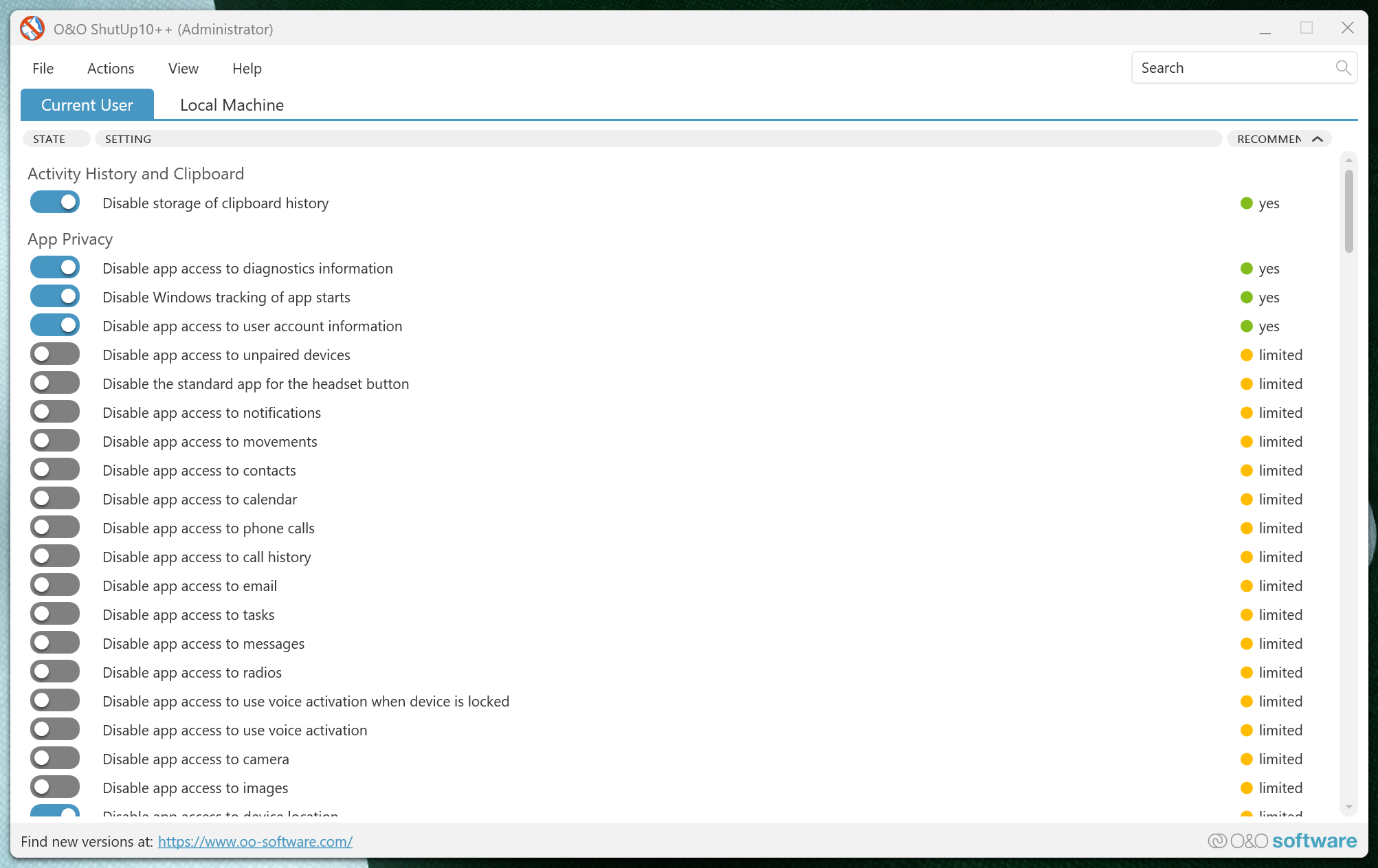 O&O ShutUp10++ dashboard showing many app privacy toggles turned off.