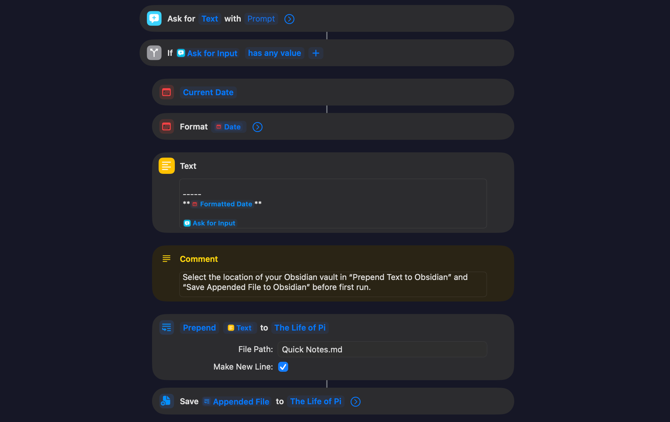 Obsidian quick note shortcut in the Shortcuts app