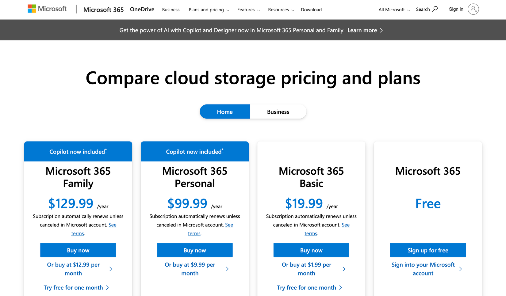 OneDrive cloud storage plans and respective prices