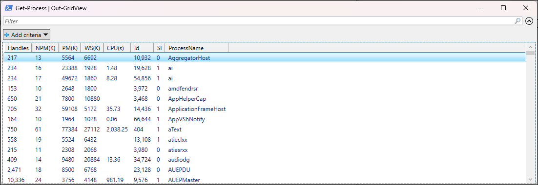 Out-GridView command in powershell