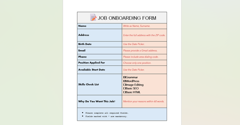 Overview of Finished Form in Word