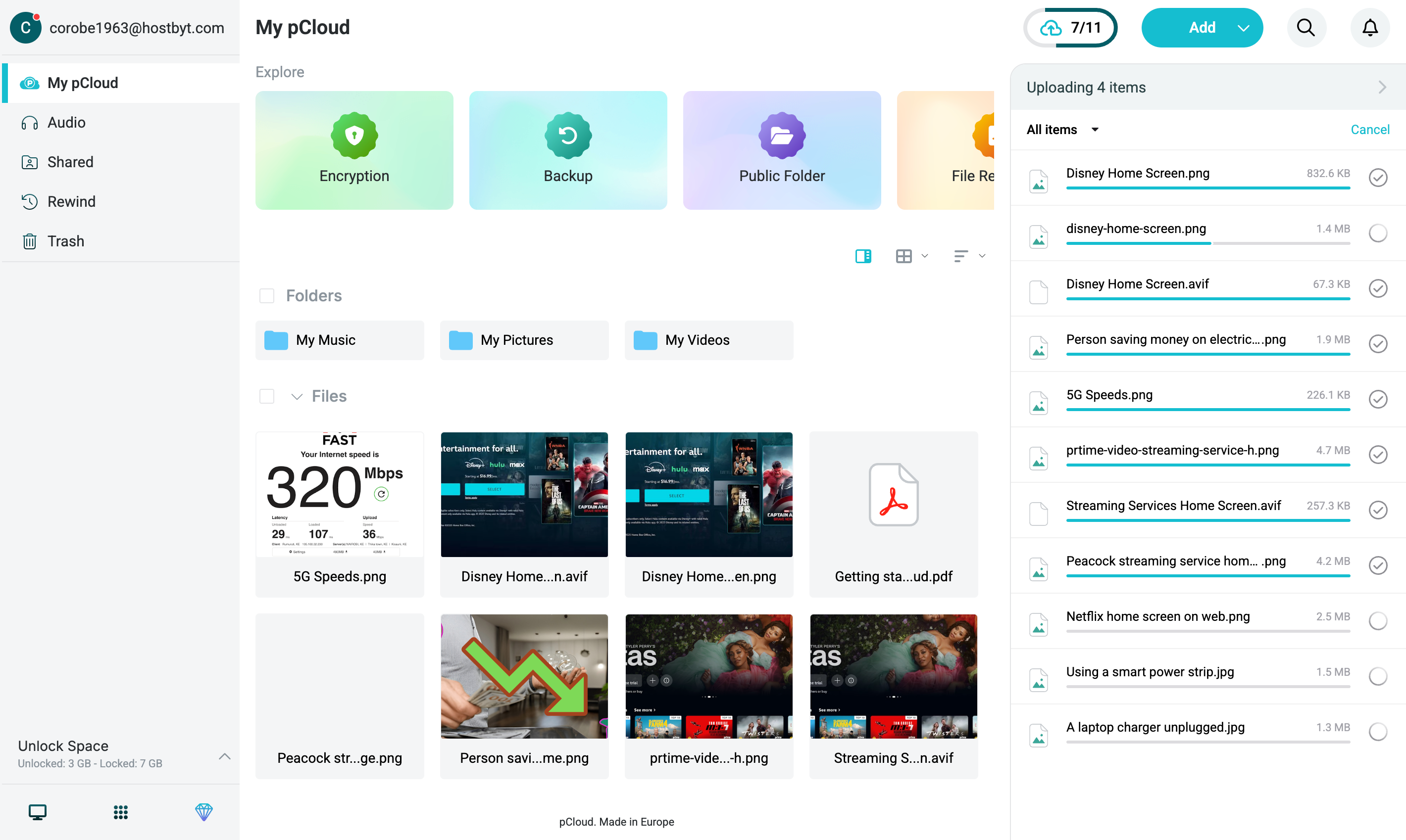 pCloud cloud storage service home interface with files uploading