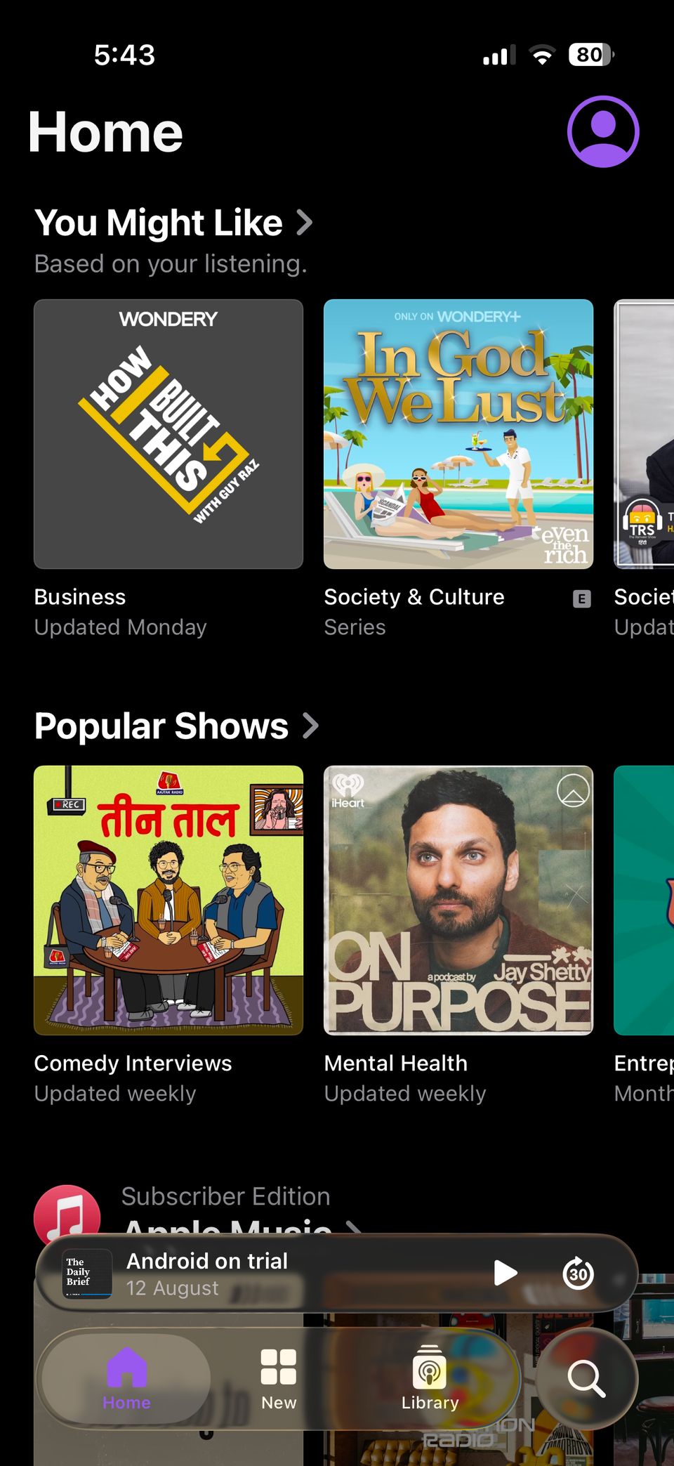 Podcasts app home screen on iPhone
