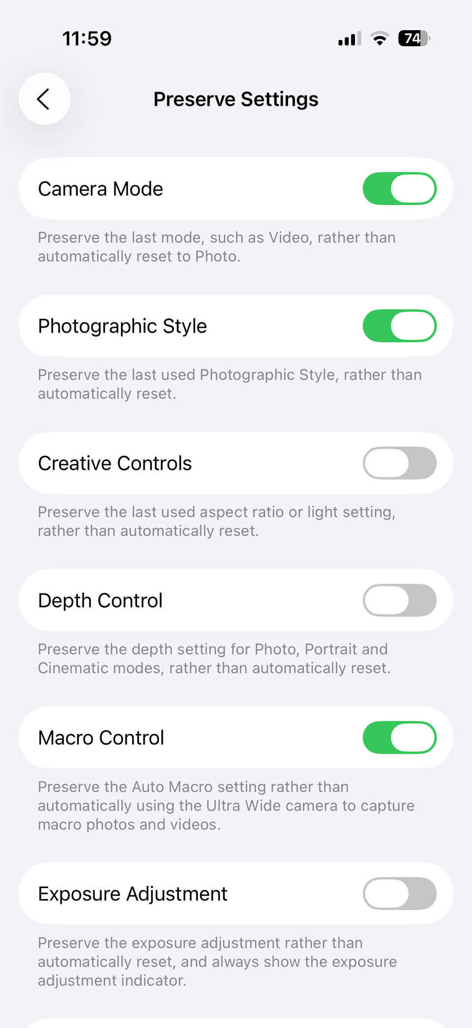 Preserve Camera settings menu on iPhone