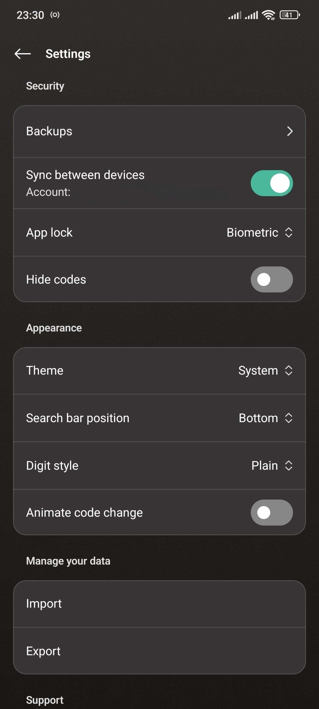 Proton Authenticator settings in Android app featuring import option.