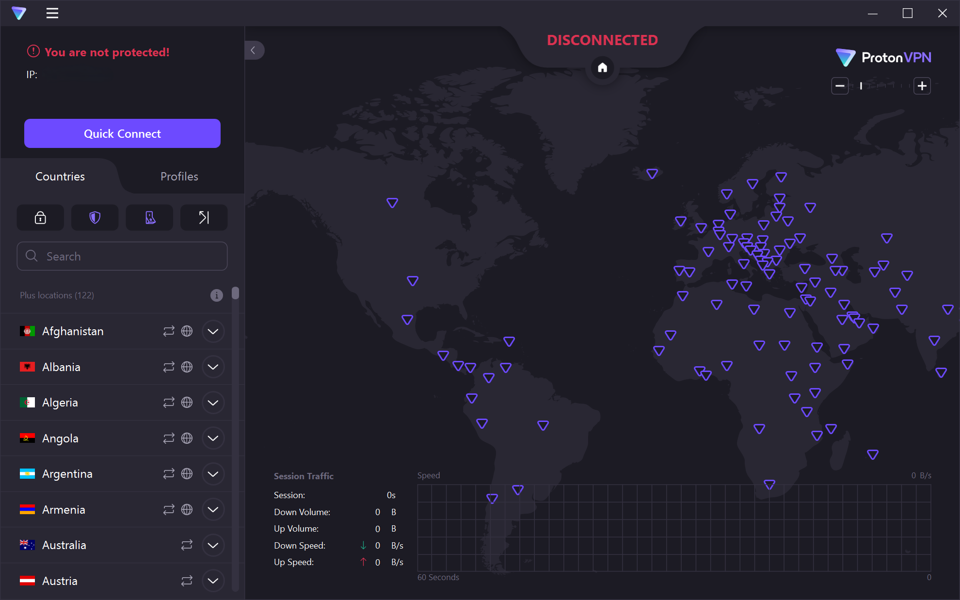 ProtonVPN dashboard showing disconnected connection with a sidebar.