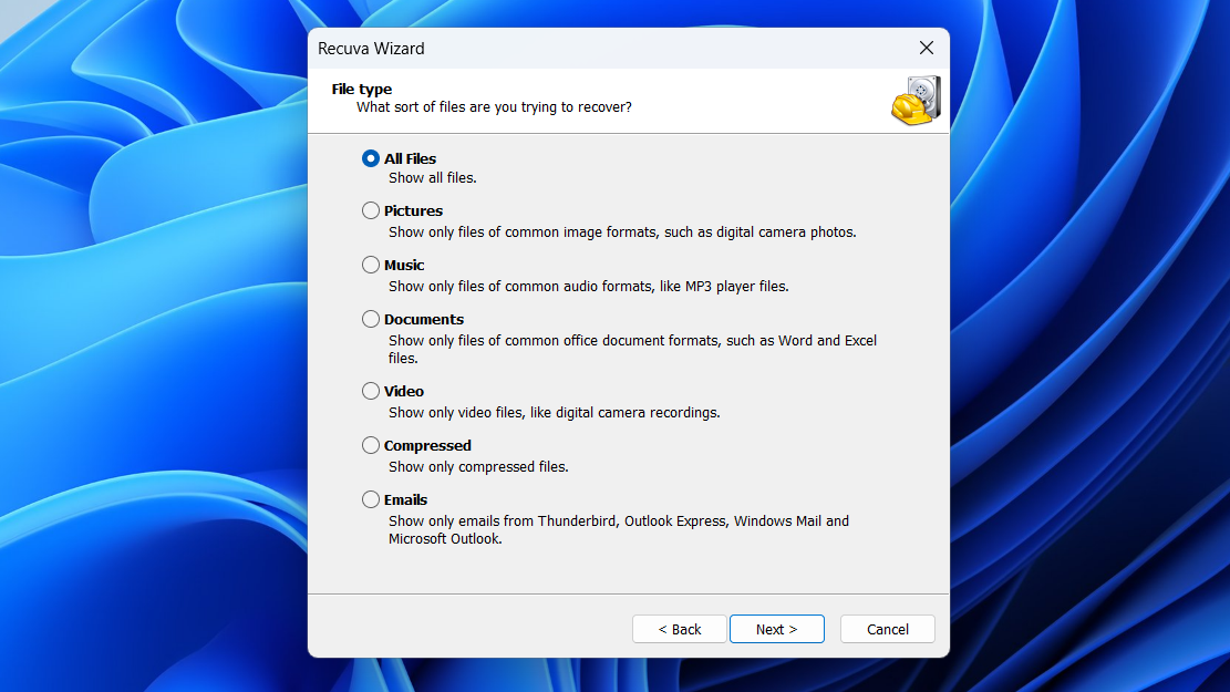 Recuva wizard on Windows 11 desktop