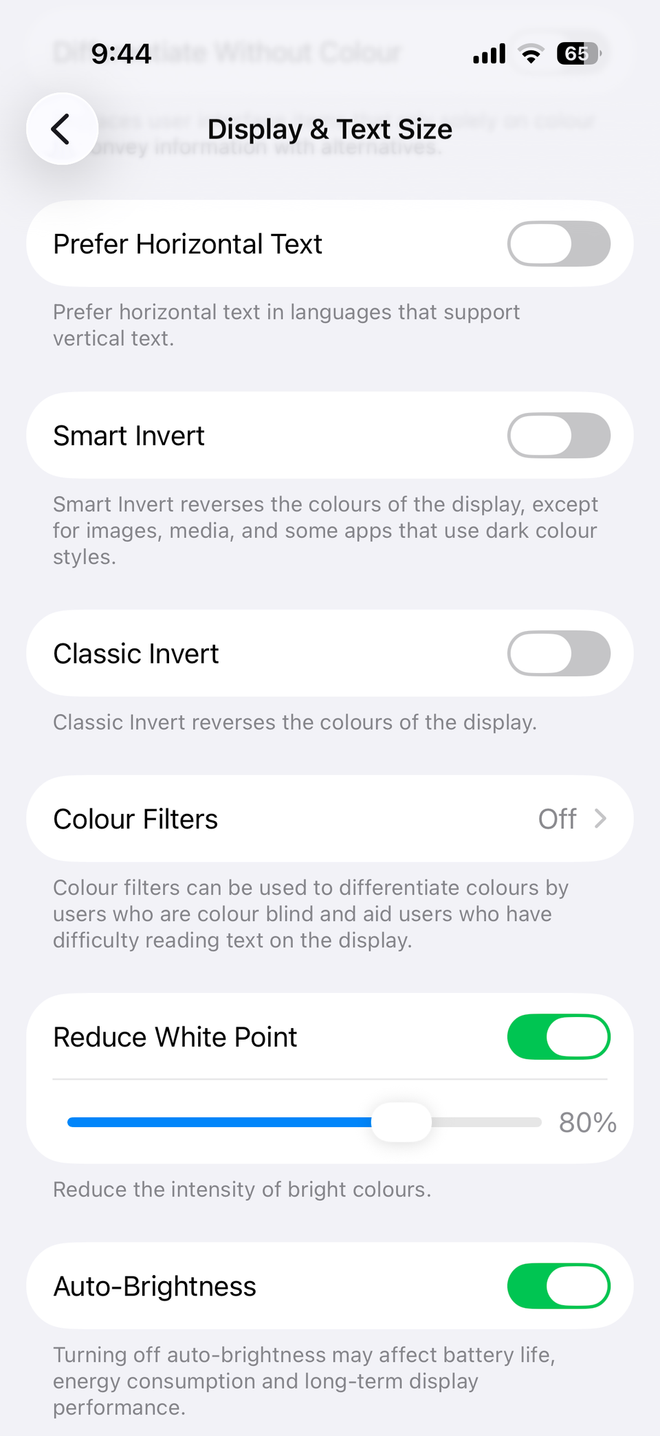 Reduce white point option on iPhone