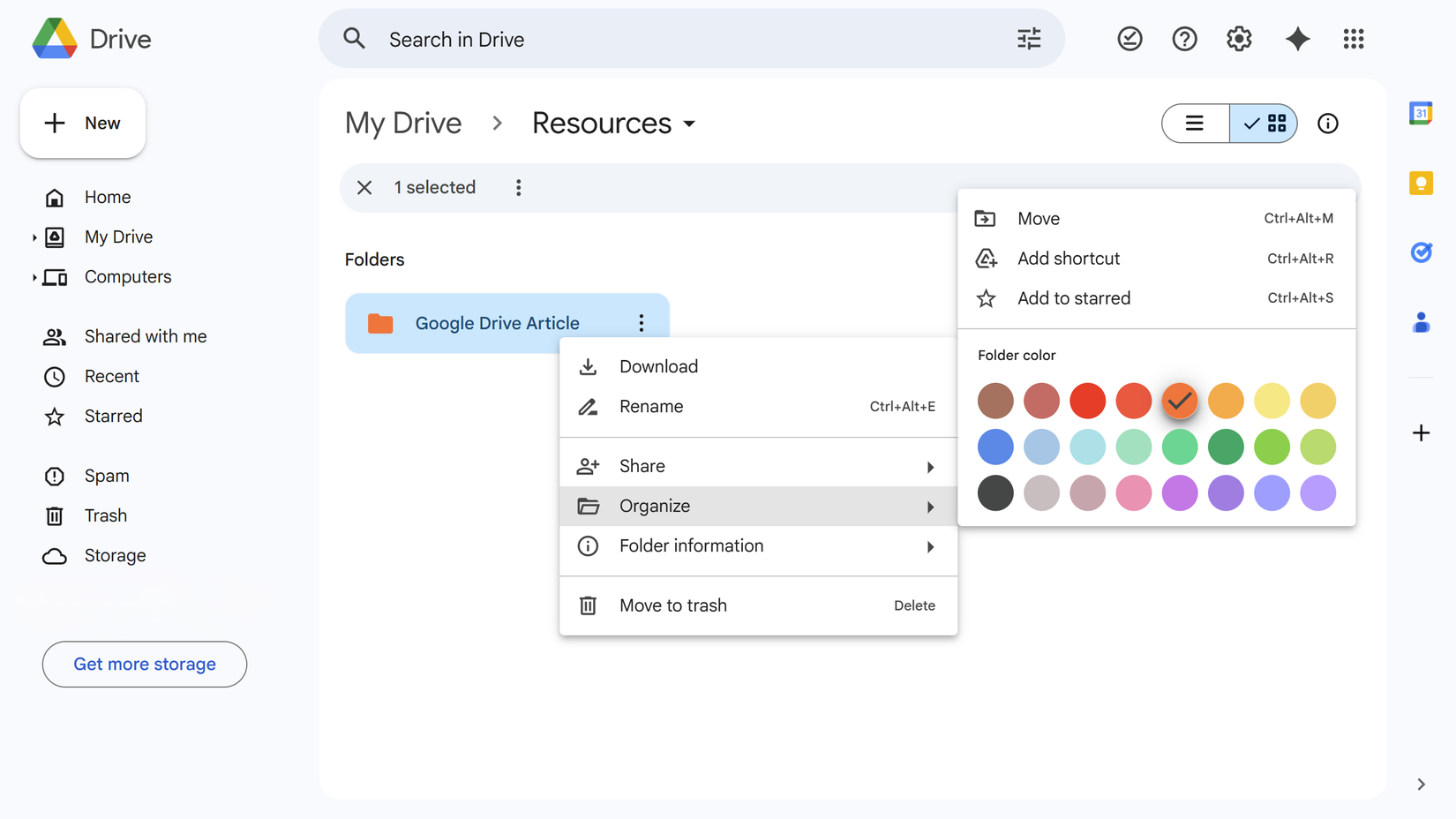 Right-click menu in Google Drive showing organization color palette.
