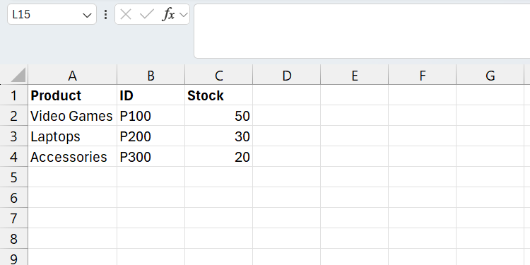 Sample data for stock levels for electronics in Excel.