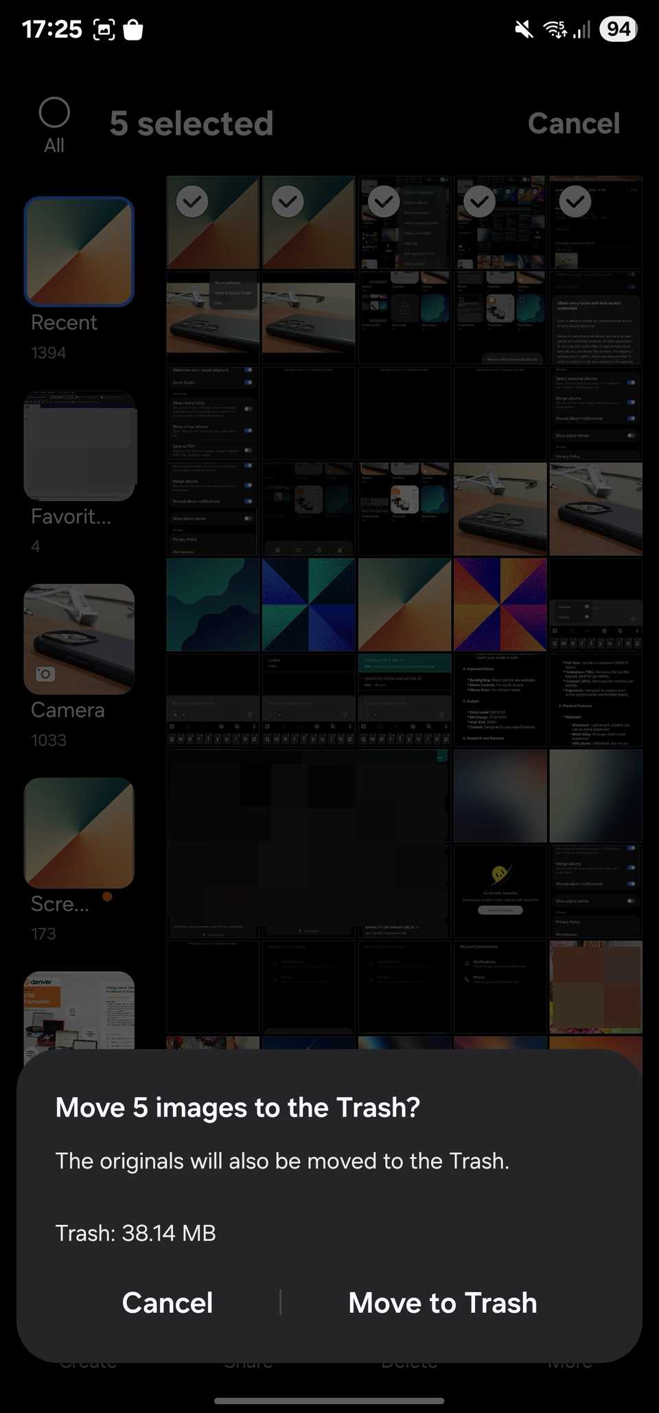 Gallery app displaying space used by Trash.