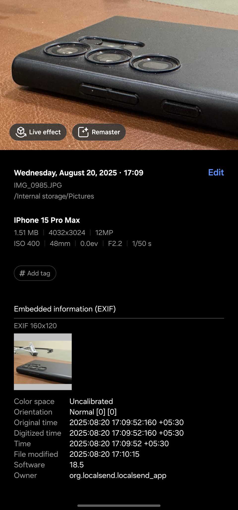 Gallery app displaying additional EXIF data for a photo.
