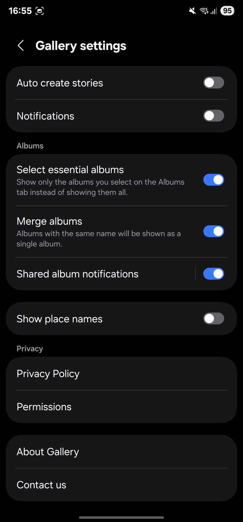 Samsung Gallery settings page.