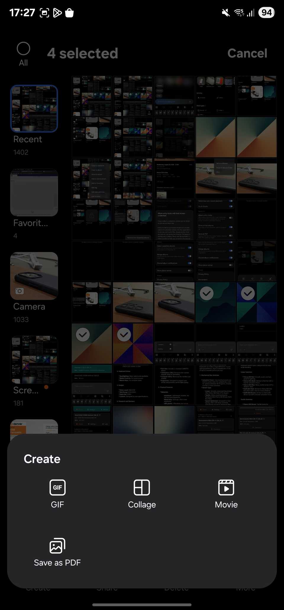 Save as PDF option under the Create menu in Samsung Gallery.
