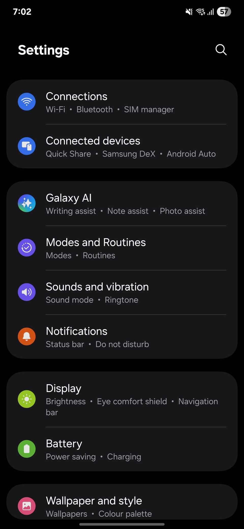Samsung Phone's Settings menu