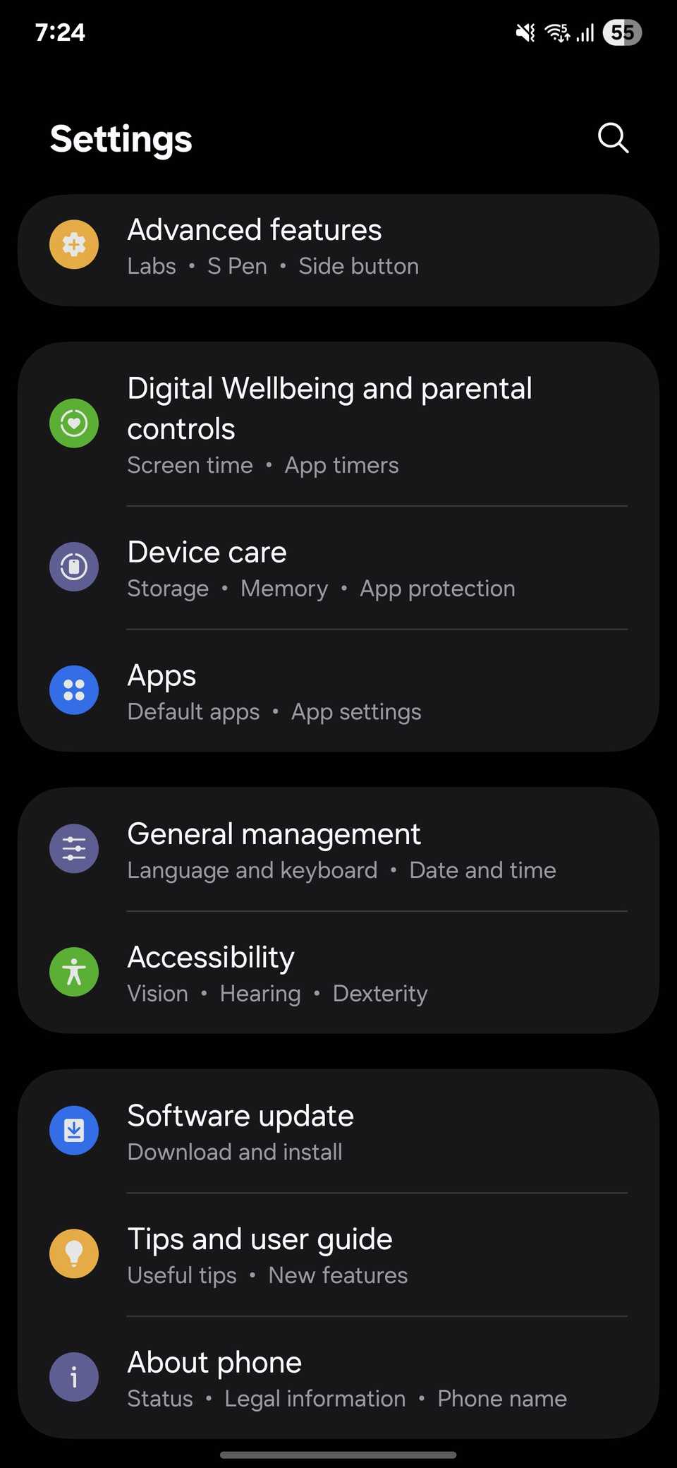 Samsung S25 Settings menu