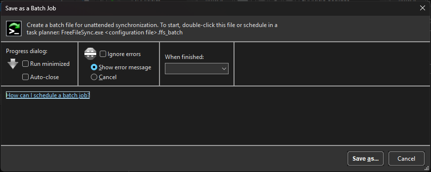 Save as a batch job FreeFileSync