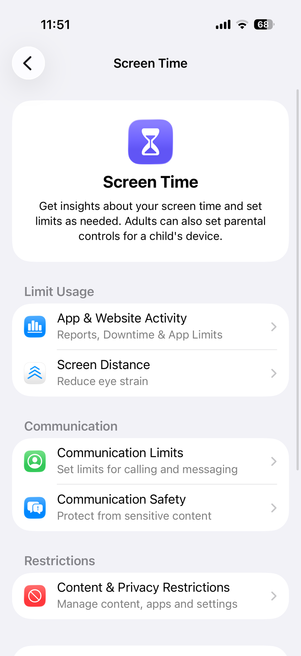 Screen time settings on iPhone