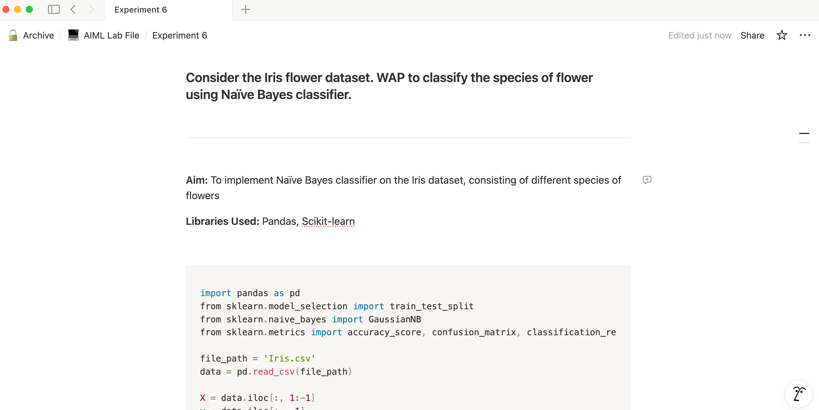 Notion open with a page about a machine learning lab experiment