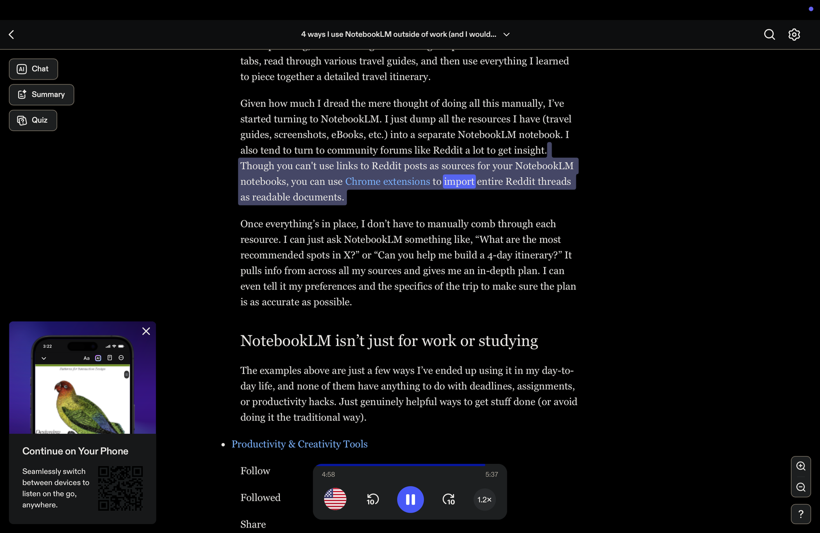 Speechify reading out an article aloud
