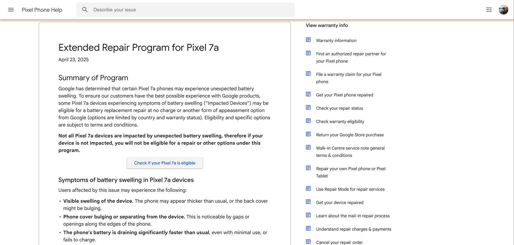 Google Pixel 7a Extended Repair Program website