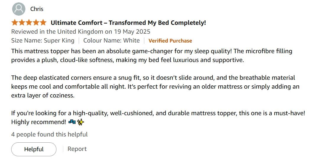 Screenshot of a 5-star review for a mattress topper.