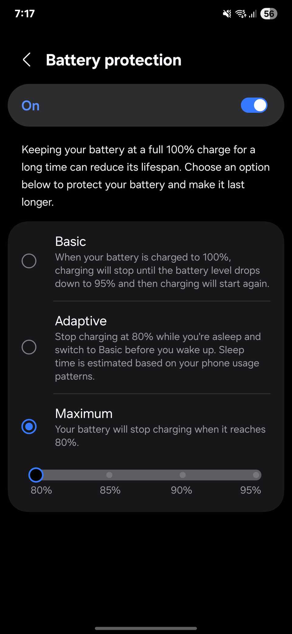 Setting battery protection to maximum in Samsung phone