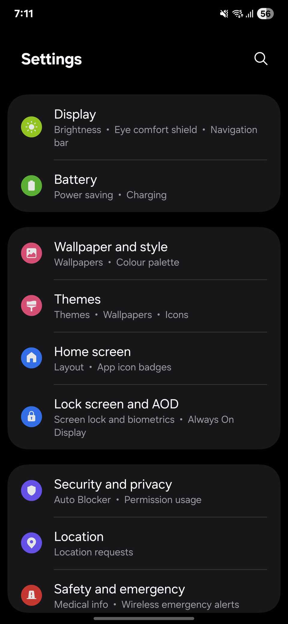 Settings menu in Samsung phone